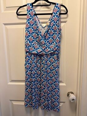 Boden Blue Floral-Leaf Sleeveless V-Neck Dress